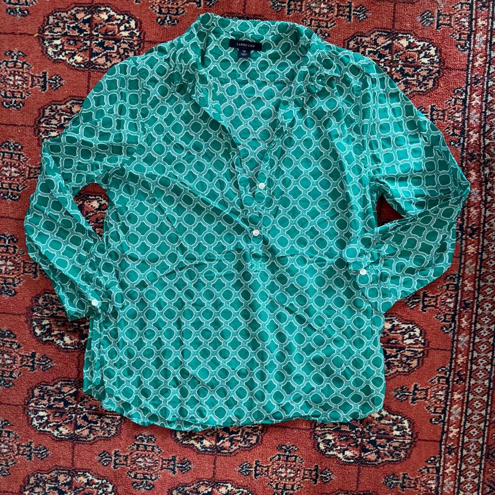 Lands' End 12 Green & White Patterned All Cotton Button Front PULLOVER Blouse